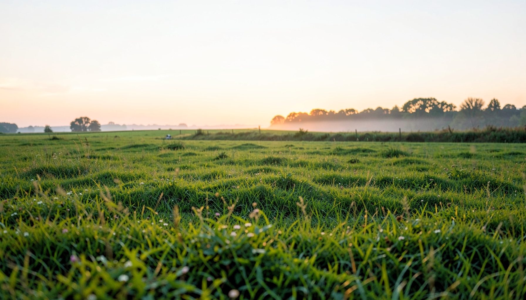 Paisagem serena de um campo verdejante sob luz suave do amanhecer, transmitindo calma e bem-estar